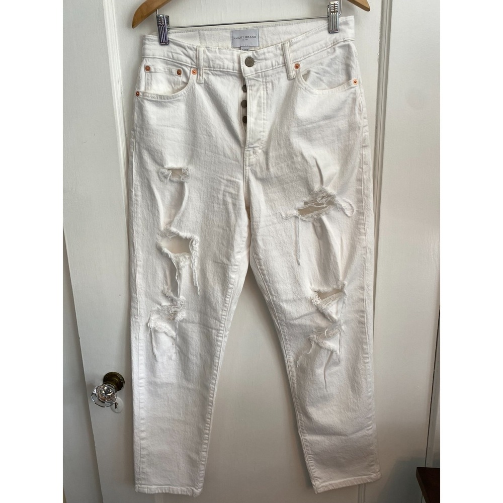 Lucky Brand Jeans Women 8 Drew Mom High Rise White Distressed Button Fly Ripped